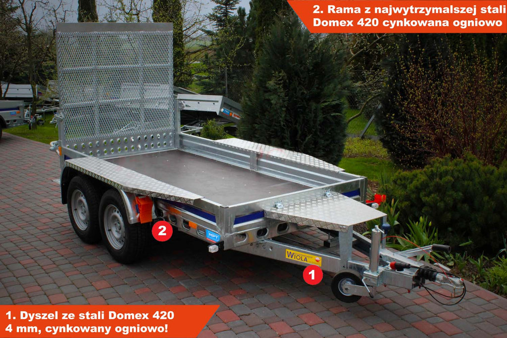 Przyczepka Wiola B2630 292x142x20 cm Hamowana pod Minikoparkę