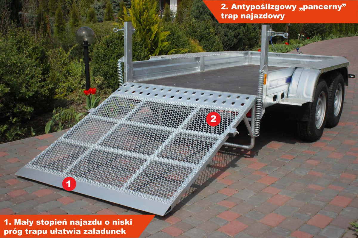 Przyczepka Wiola B2630 292x142x20 cm Hamowana pod Minikoparkę